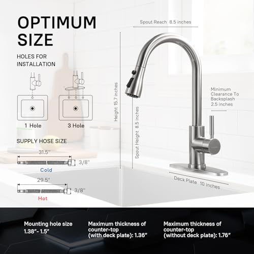 WEWE Single Handle High Arc Brushed Nickel Pull Out Kitchen Faucet,Single Level Stainless Steel Kitchen Sink Faucets with Pull Down Sprayer