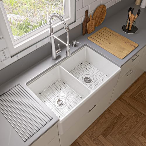 ALFI ABFS3320D-W White 33" x 20" Double Bowl Fireclay Farm Sink with Accessories